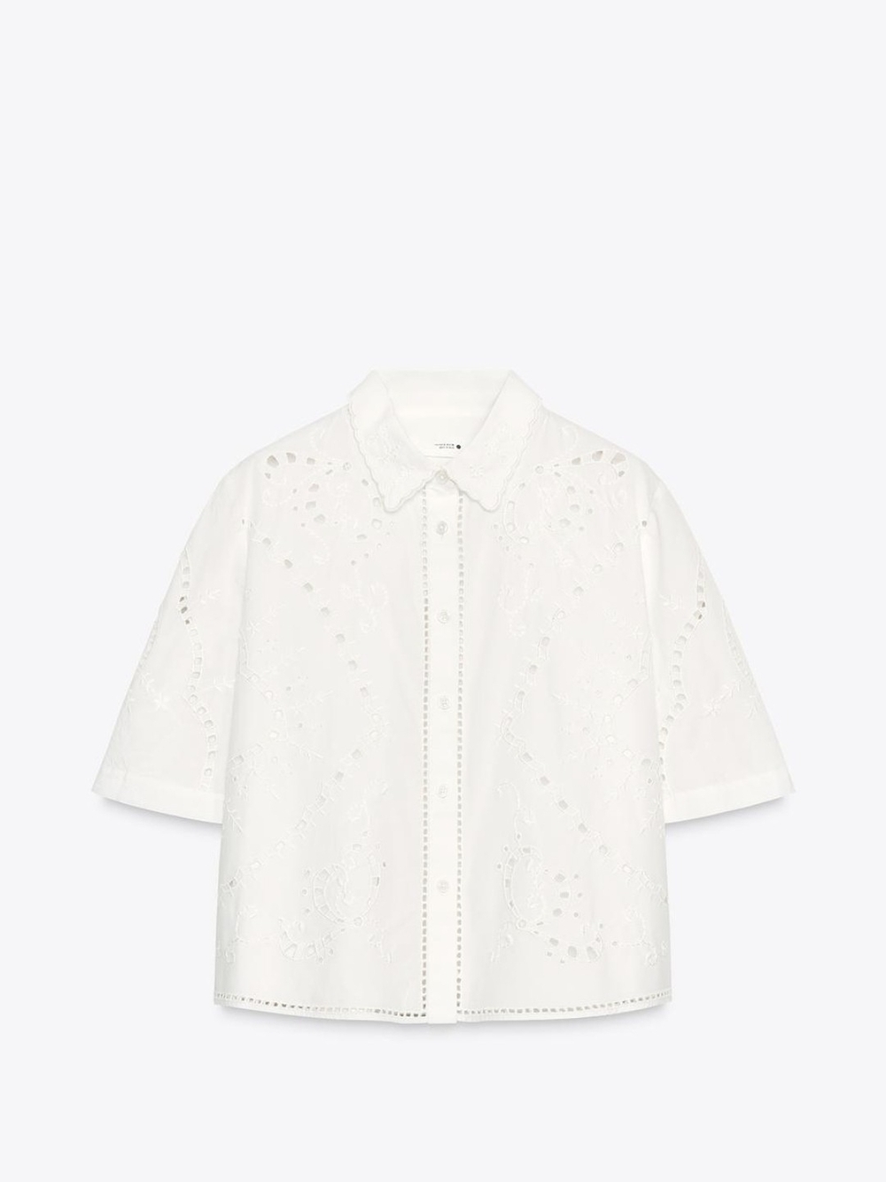 Zara White Eyelet Short Sleeve Button-Down Blouse